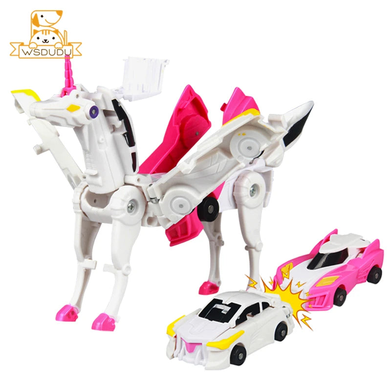 2 in 1 Car Transform Unicorn Figurines Magnetic Vehicle Cartoon Horse Action Figures Toy Fun Transformation Model Children Gifts