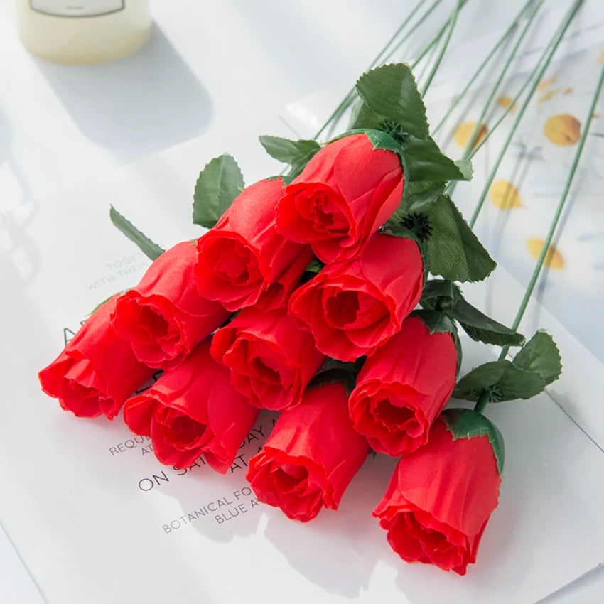 10Pcs Red Roses Bouquet Vase for Home Decor Garden Wedding Decorative Wreaths Diy Handwork Flower Arrangement Artificial Flowers