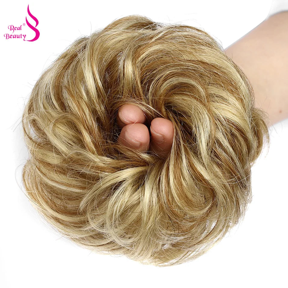 Real Beauty Messy Hair Bun Hair Scrunchies Extension Curly Wavy Messy Remy Brazilian Human Chignon for Women Updo Hairpiece