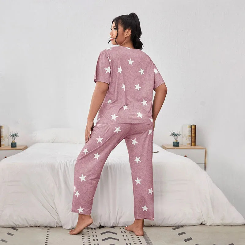 5XL Big Size Pajamas For Women Summer Autumn Faux Cotton Pajama Set Short Sleeved Casual Loose Luxury Print Sleepwear Pijama