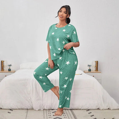 5XL Big Size Pajamas For Women Summer Autumn Faux Cotton Pajama Set Short Sleeved Casual Loose Luxury Print Sleepwear Pijama