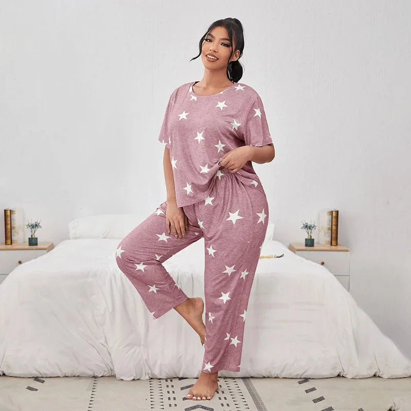 5XL Big Size Pajamas For Women Summer Autumn Faux Cotton Pajama Set Short Sleeved Casual Loose Luxury Print Sleepwear Pijama