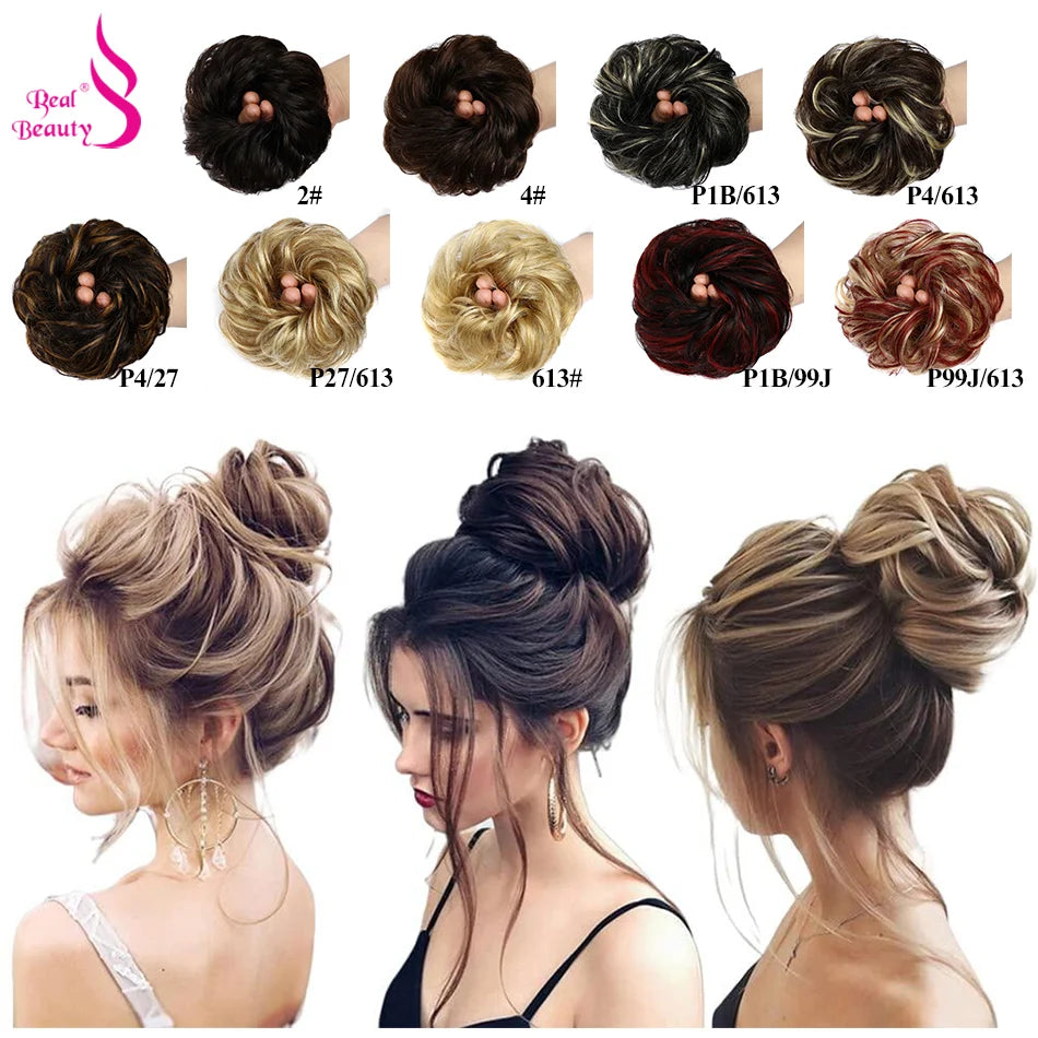 Real Beauty Messy Hair Bun Hair Scrunchies Extension Curly Wavy Messy Remy Brazilian Human Chignon for Women Updo Hairpiece