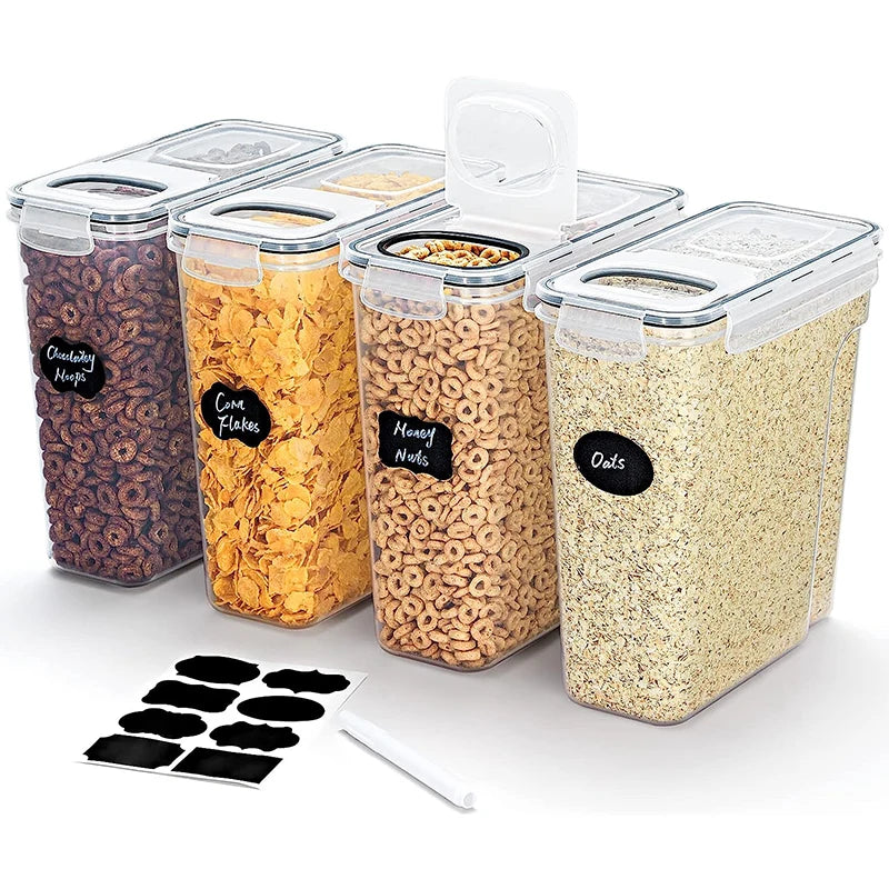 4L Cereal Storage Containers with Lids 1/2/4pcs Airtight Food Moistureproof Tank with Label Stickers Kitchen Organization Box